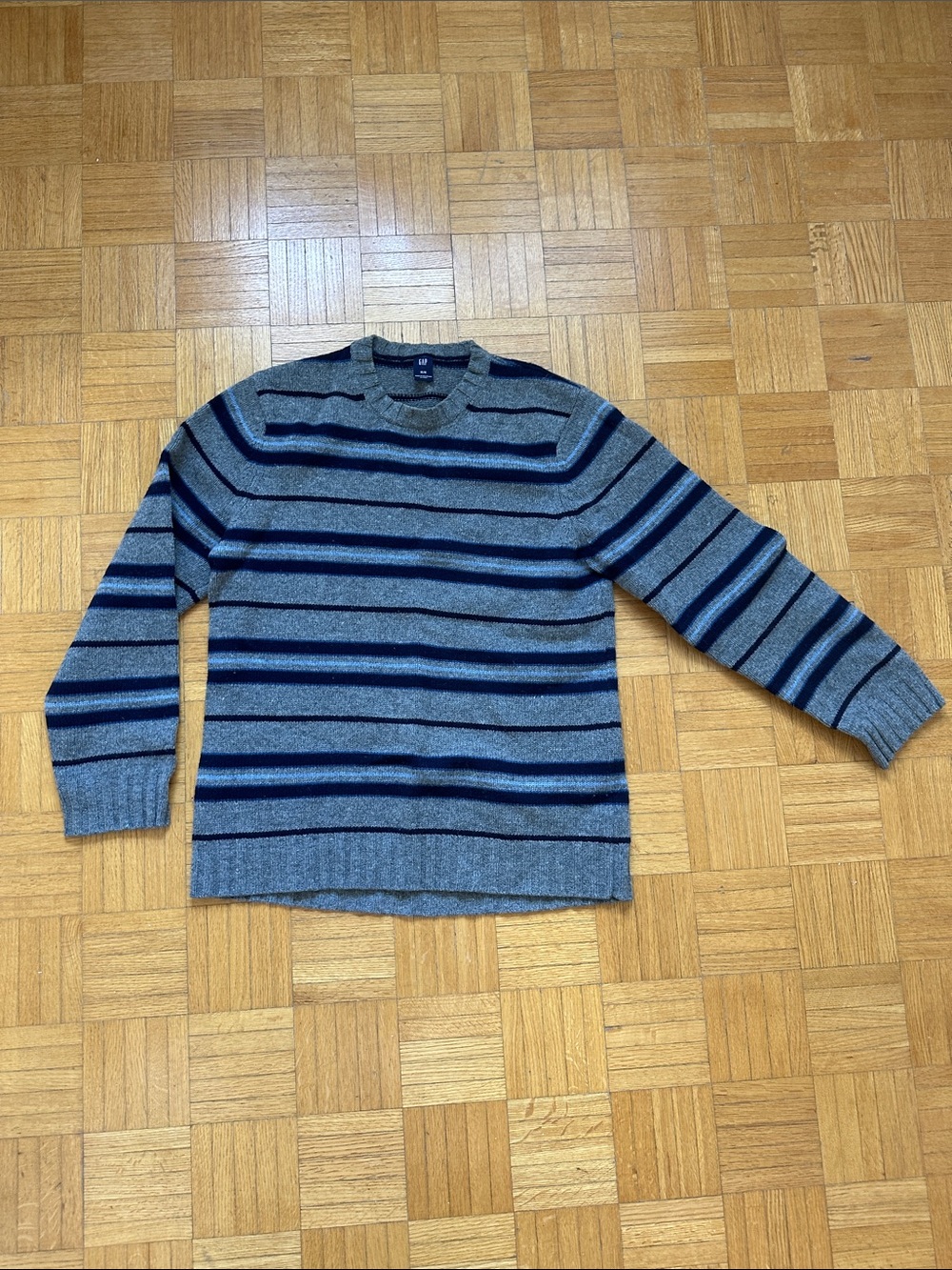 GAP Gray Crewneck Sweater with Navy and Black Stripes